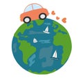 Car driving around earth with love cute funny cartoon illustration