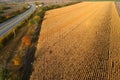 Car driving on asphalt road. Road seen from air. Aerial view landscape, dron photography. Autumn highway, Ukraine Royalty Free Stock Photo