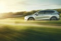 Car driving on country road with motion blur effect. Generative AI Royalty Free Stock Photo