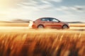 Car driving on country road with motion blur effect. Generative AI Royalty Free Stock Photo