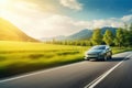Car driving on country road with motion blur effect. Generative AI Royalty Free Stock Photo