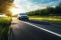 Car driving on country road with motion blur effect. Generative AI Royalty Free Stock Photo