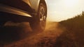 Car driving on countryside dirt road, low angle view Royalty Free Stock Photo