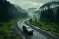 Car driving on dirt road beside misty mountain river, aerial view of foggy landscape in nature Royalty Free Stock Photo