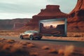 A car driving down a desert road in front of a large screen. Generative AI image. Royalty Free Stock Photo