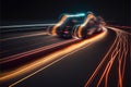 a car driving down a highway with bright lights on it\'s side and a blurry image of the car Royalty Free Stock Photo