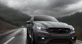 A car is driving down the road. Dark dramatic landscape as background, gloomy sky with rainy clouds, forest and hill. Generative