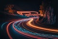 a car driving down a road with long exposure of light streaks on it\'s side and trees in the background Royalty Free Stock Photo