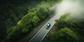 A car driving down a road in the middle of a forest. AI generative image. Royalty Free Stock Photo