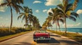 A car is driving down a road next to a palm tree lined beach Royalty Free Stock Photo