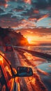 A car driving down a road at sunset Royalty Free Stock Photo