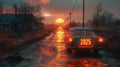 Car Driving on Flooded Street at Sunset. Generative AI. Royalty Free Stock Photo