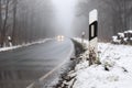 car driving on a foggy winter forest street Royalty Free Stock Photo