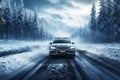 car is driving on highway road with snow in nature with a snowy forest in winter on a journey