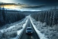 car is driving on highway road with snow in nature with a snowy forest in winter on a journey. Landscape with a view