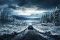 car is driving on highway road with snow in nature with a snowy forest in winter on a journey. Landscape with a view