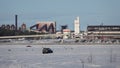 Car driving on the iceroad to Sandon island  in Lulea archipelago in Sweden Royalty Free Stock Photo