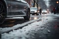 The car driving on icy road in urban street. Dangerous weather conditions, problems on slippery winter streets Royalty Free Stock Photo