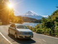 Car driving near Mt Fuji in Japan with motion blur Royalty Free Stock Photo