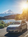 Car driving near Mt Fuji in Japan with motion blur Royalty Free Stock Photo