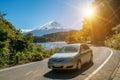 Car driving near Mt Fuji in Japan with motion blur Royalty Free Stock Photo