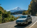 Car driving near Mt Fuji in Japan with motion blur Royalty Free Stock Photo