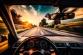 car driving on the road at sunset, generative Ai