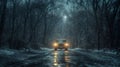 Car driving on the road in winter forest at night Royalty Free Stock Photo