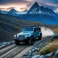 a car driving on a rocky road in the mountains with a cloudy sky above it and a mountain range in the background with rocks Royalty Free Stock Photo