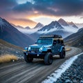 a car driving on a rocky road in the mountains with a cloudy sky above it and a mountain range in the background with rocks Royalty Free Stock Photo