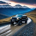 a car driving on a rocky road in the mountains with a cloudy sky above it and a mountain range in the background with rocks Royalty Free Stock Photo