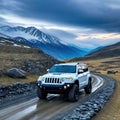 a car driving on a rocky road in the mountains with a cloudy sky above it and a mountain range in the background with rocks Royalty Free Stock Photo