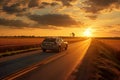 A car driving on a scenic road during a beautiful sunset, capturing the tranquil journey into the twilight