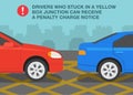 Car driving tips and traffic regulation rules. Close-up of a cars stuck in a yellow junction box.