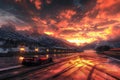 Car Driving on Wet Road Under Cloudy Sky - Road Safety in Rainy Weather, A fiery sunrise at the mountain race track with cars Royalty Free Stock Photo