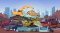 Car dump. Damaged destroyed old broken cars in big stack for recycling processes exact vector junkyard cartoon