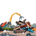 Car dump junkyard landscape with metal pile. Cartoon steel crane working, dismantling scrapyard with old broken and