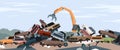 Car dump junkyard landscape with metal pile, crane working, dismantling scrapyard Royalty Free Stock Photo