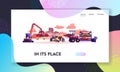 Car Dump Landing Page Template. Crane Grabbing Old Car for Recycling, Automobile Utilization Characters Dismantling Auto Royalty Free Stock Photo