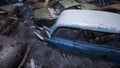 Car dump of old abandoned cars. Rusty damaged cars. A lot of destroyed, ruined, abandoned cars. 3D Rendering