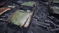 Car dump of old abandoned cars. Rusty damaged cars. A lot of destroyed, ruined, abandoned cars. 3D Rendering Royalty Free Stock Photo