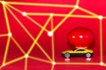 car with easter egg in digital network on the red background