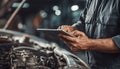 The car engine being diagnosed with a digital tablet by a mechanic Royalty Free Stock Photo