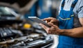 The car engine being diagnosed with a digital tablet by a mechanic Royalty Free Stock Photo