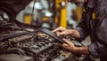 The car engine being diagnosed with a digital tablet by a mechanic Royalty Free Stock Photo
