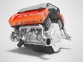 Car engine cast iron red with starter 3d render on gray background with shadow Royalty Free Stock Photo