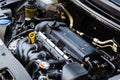 Car engine close-up. Close up of car parts under hood after maintenance and washing Royalty Free Stock Photo