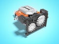 Car engine for eight cylinders red assembled with air filters collector and gearbox radiator 3d render isolated on blue background