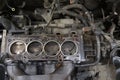 Car engine lower part , after head gasket failure, oil spilled Royalty Free Stock Photo