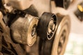 Car Engine Pulleys Close-Up